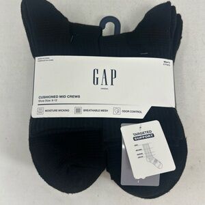 GAP Men's Black Cushioned Mid Crew Socks 6-Pack Size 6-12 Wicking NEW